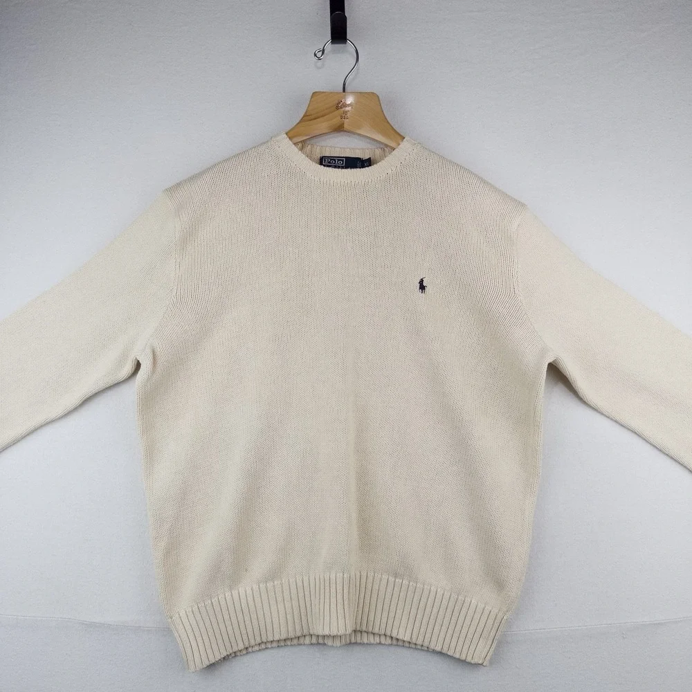 90's Vtg Polo Ralph Lauren Knit Sweater Mens XL Cream Beige Pima Cotton Crewneck
